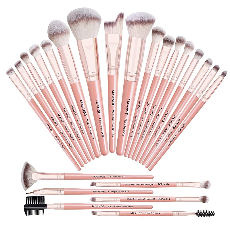 Kit de Pincéis de Maquiagem MAANGE com 23 Peças, Fibras Sintéticas, Cabo de Madeira e Liga Metálica, pinkgold