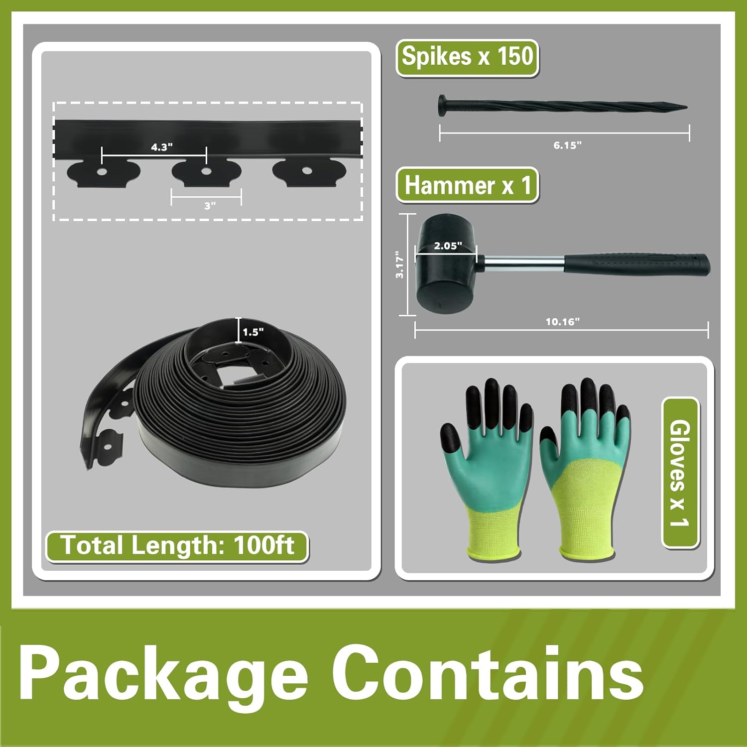 1.5in x 100ft No Dig Landscape Edging, Garden Edging Border with 150 Spikes, Hammer & Gloves, Tool-Free HDPE Lawn Edging Kit for Garden Yard Flower Beds Pathway Landscaping Project