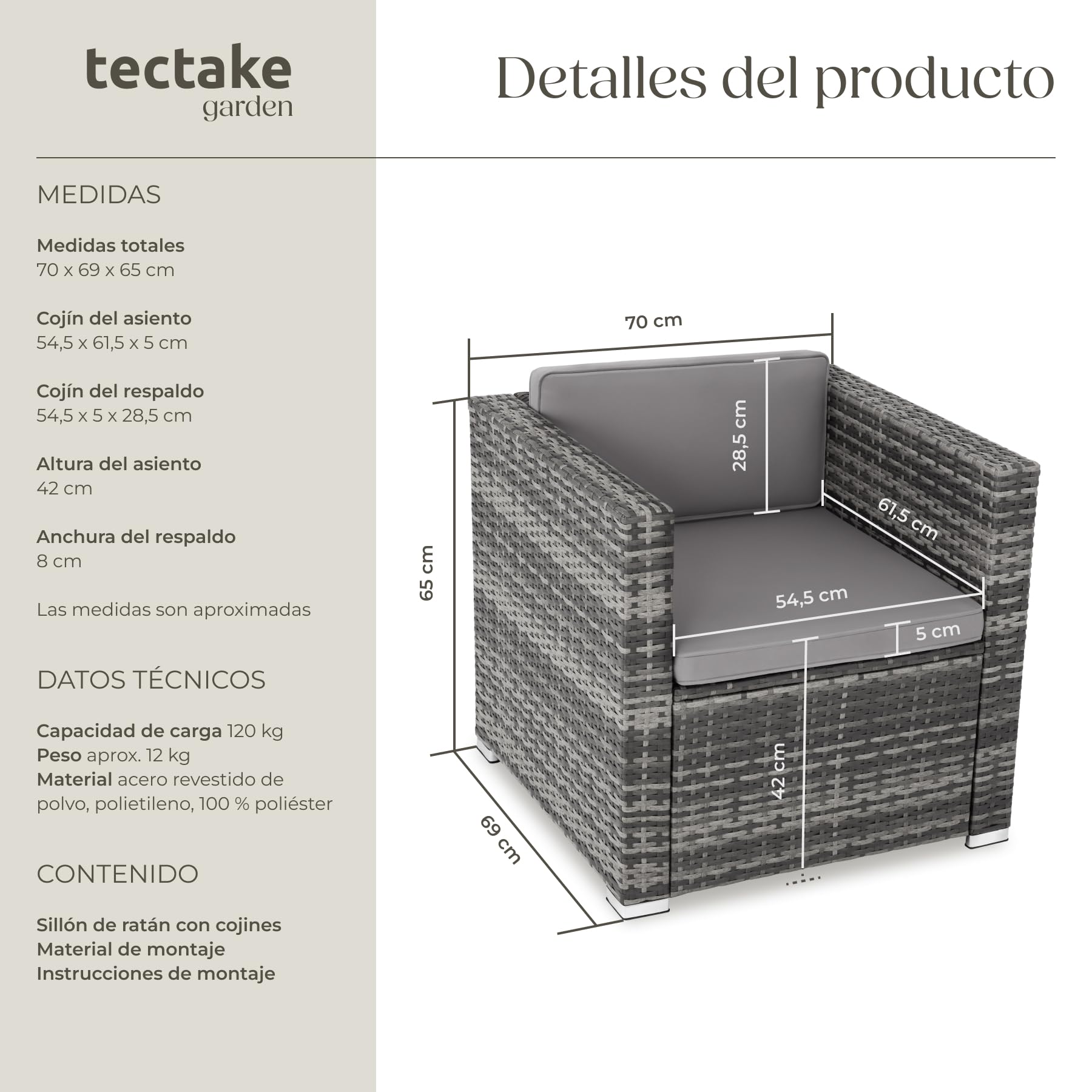 tectake® Sillón de Ratán y Acero con Reposabrazos, Mueble Jardín Exterior Resistente a la Intemperie, Sillón para Conjunto Jardín Exterior, con Cojines, Fundas Extraíbles, Fácil Montaje - gris
