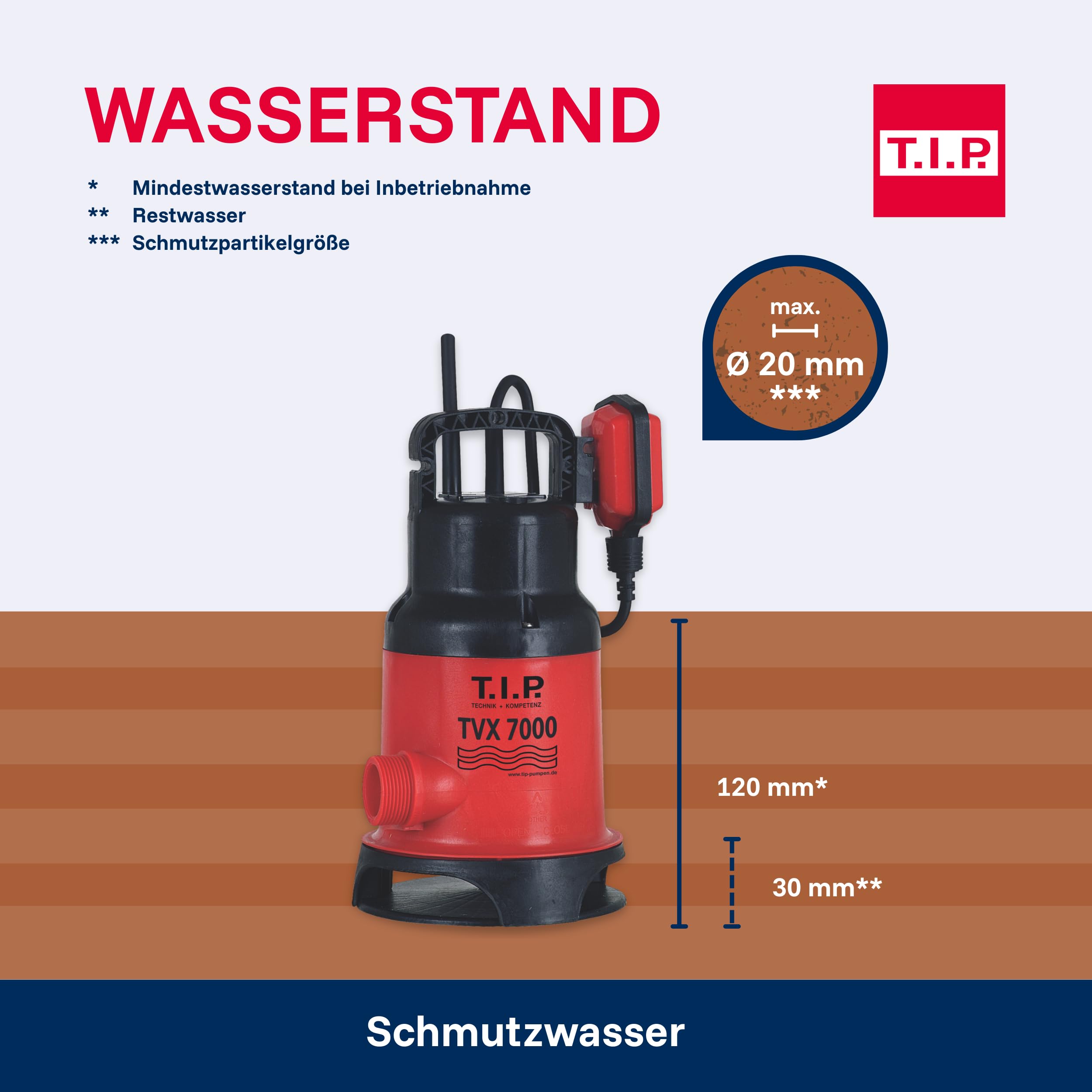 T.I.P. Schmutzwasser Tauchpumpe (7.000 l/h Fördermenge, 5 m Förderhöhe, 0,5 bar Druck, 300 W, 20 mm Korngröße, GFK Pumpengehäuse, VORTEX Laufrad, Inkl. Schlauchanschlußbogen) TVX 7000, 30268