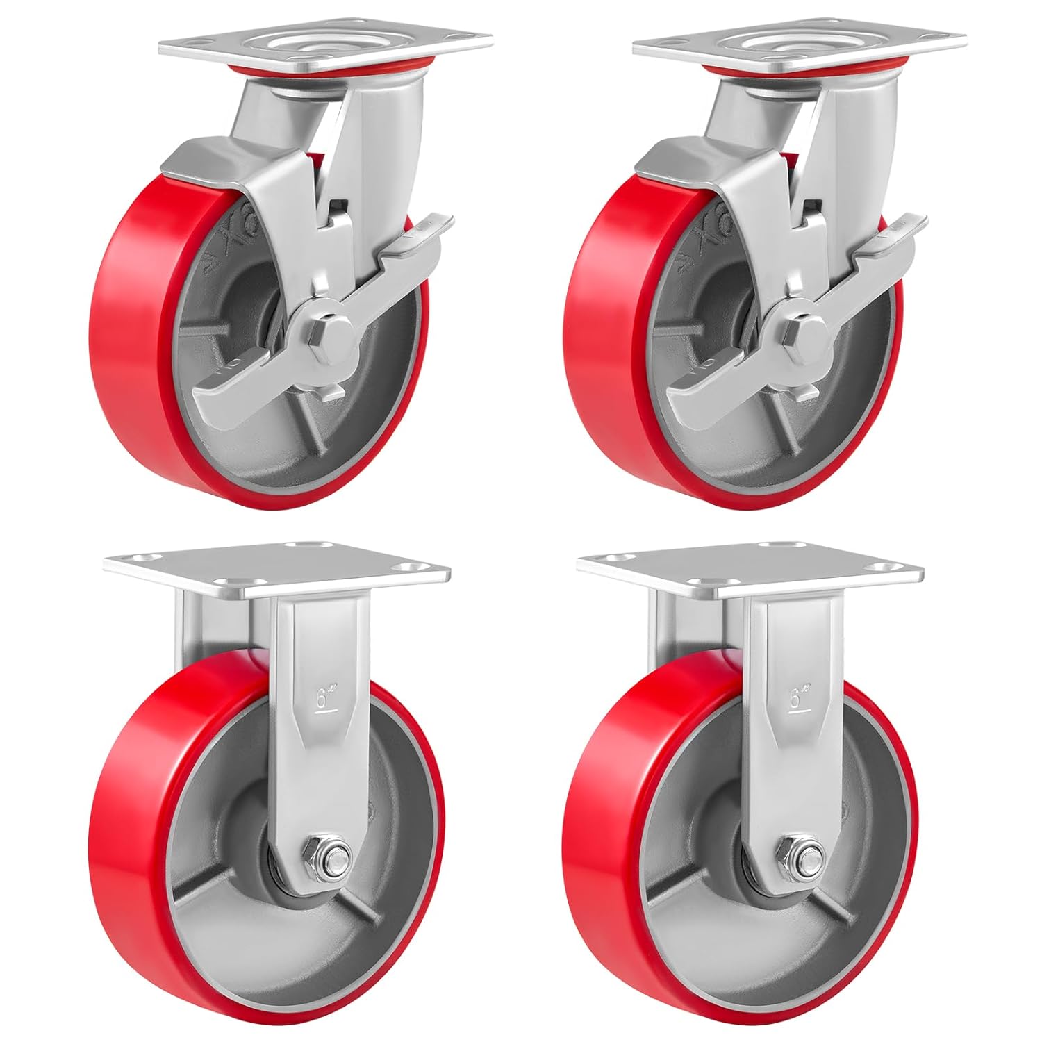 6" Casters Set of 4 Industrial Caster Wheels Heavy Duty with Load 4800lbs Capacity, Polyurethane Wheels for Workbench,Toolbox, Dolly (6"- 2 Swivel & 2 Rigid - 2 Side Brakes)