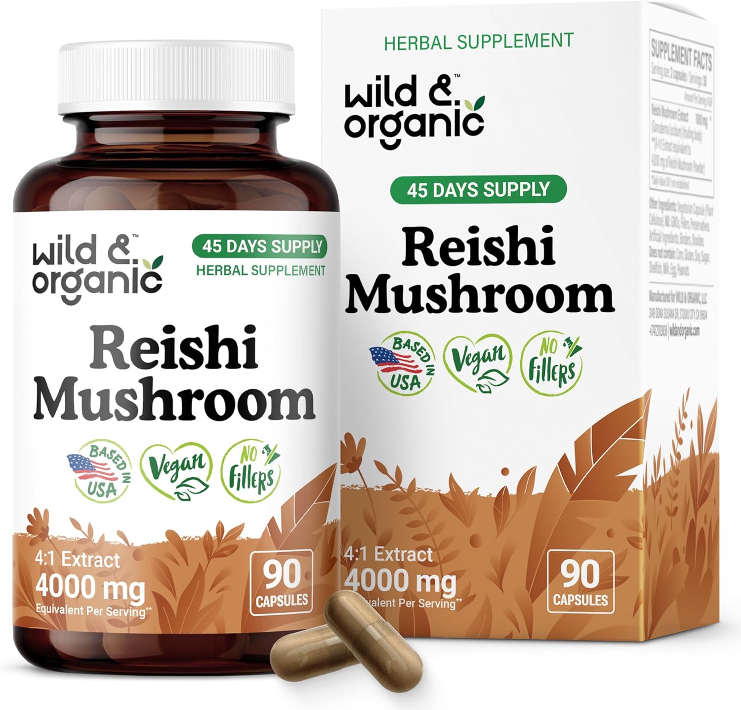 Wild & Organic Reishi Mushroom Capsules 1000 mg – Immune & Energy Support – Red Reishi Mushroom Powder – Ganoderma Lucidum Extract Supplement – 90 Vegan Capsules – 45 Days Supply, Non-GMO, Gluten-Free