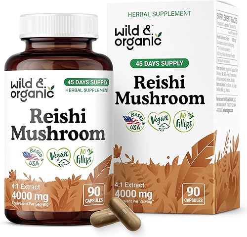 Wild & Organic Cápsulas de hongos Reishi de 1000 mg - Apoyo inmunológico y energético - Polvo de hongo Reishi rojo - Suplemento de extracto de