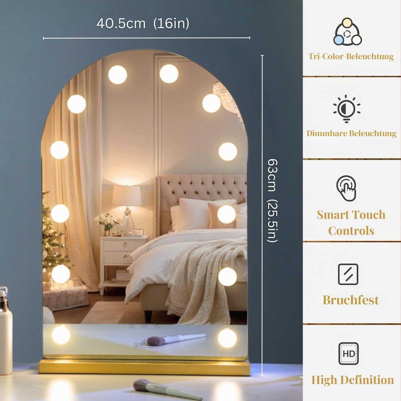 LUXFURNI Hollywood‑Bogen‑Schminkspiegel mit LED‑Beleuchtung, 62,3 cm