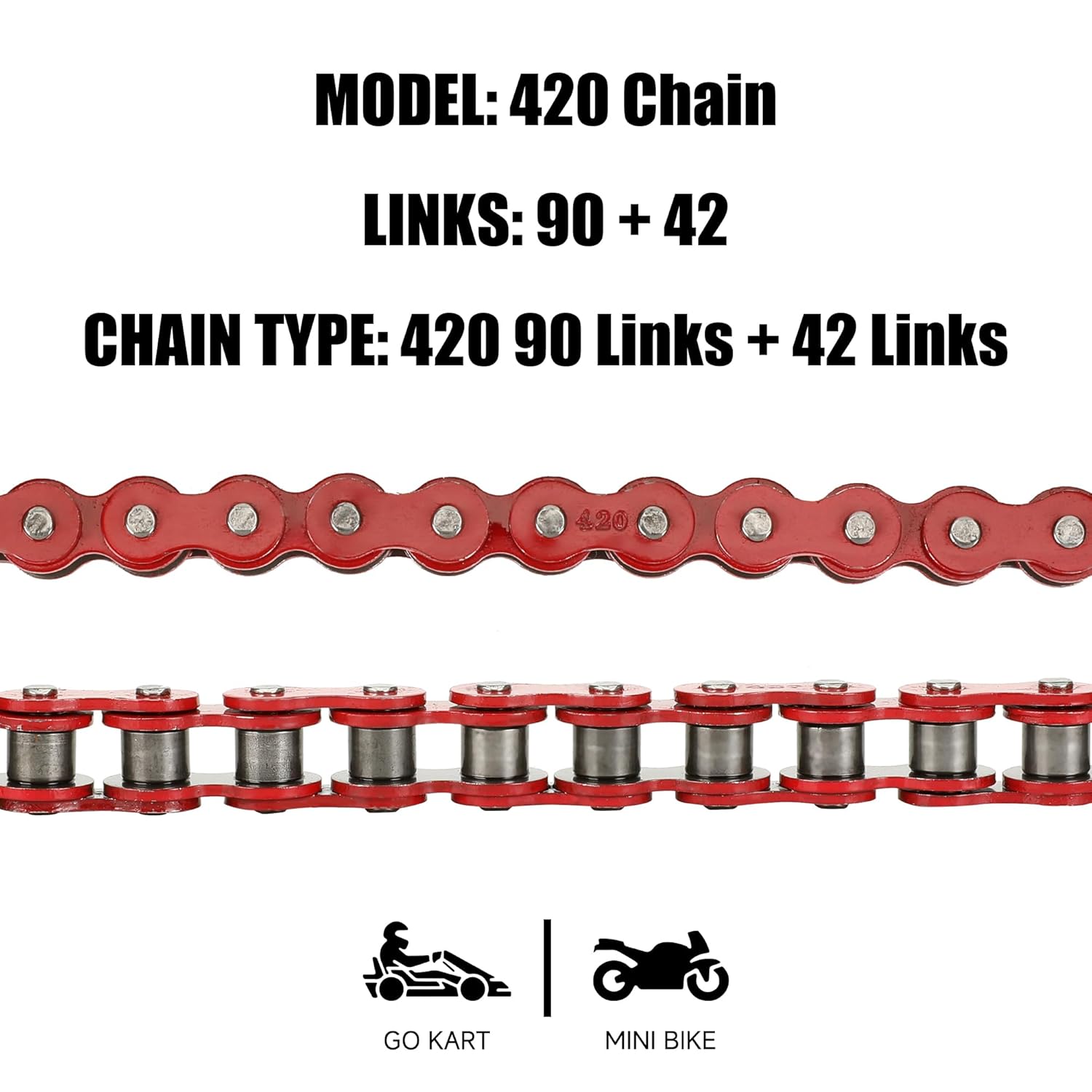 420 Chain 42 and 90 Links Kits Replacement for Coleman Mini Bike BT200X CT200U CT200U-EX Baja Warrior Massimo MB200 MB165 196cc Predator 212cc 200cc 6.5hp Parts Red with Mini Bike Sprocket 10T