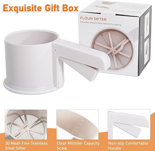 Miniatura 6 de Tamiz de harina de 1.5 tazas de azúcar en polvo para hornear, de malla fina blanca duradera con bandeja, diseño de prensa con una sola mano