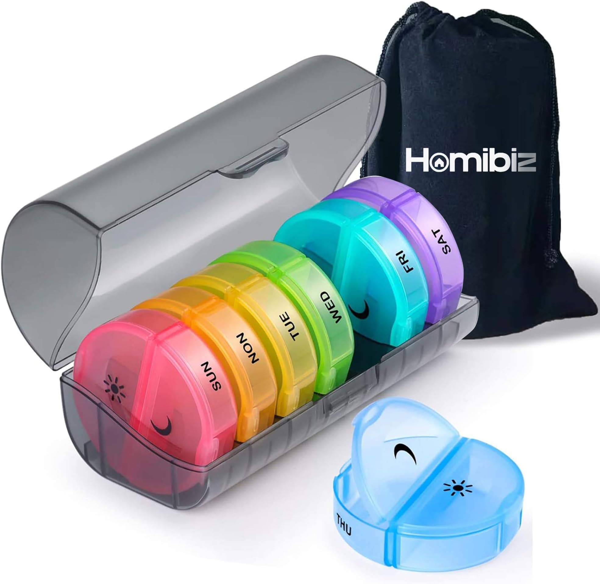 Portable Pill Organizer - 2 Daily Compartments for a Week - Travel-Friendly, Light-Resistant Pill Box - Ideal for Vitamins, Medication, Supplements