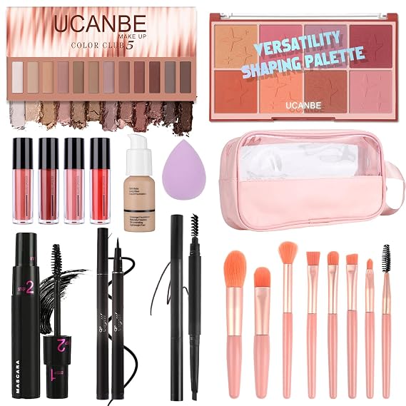 Br Makeup Kit - 12 Eyeshadows, 8 Blushes, 3 Lipsticks, Mascara, Eyeliner, Brow Pencil, Foundation, Sponge, Makeup Bag & Brushes