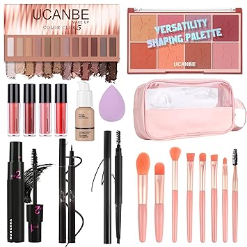 Br Makeup Kit - 12 Eyeshadows, 8 Blushes, 3 Lipsticks, Mascara, Eyeliner, Brow Pencil, Foundation, Sponge, Makeup Bag & Brushes