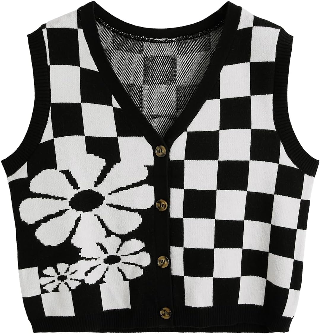 MakeMeChic Women's Floral Plaid Checkered Sweater Vest V Neck Crochet