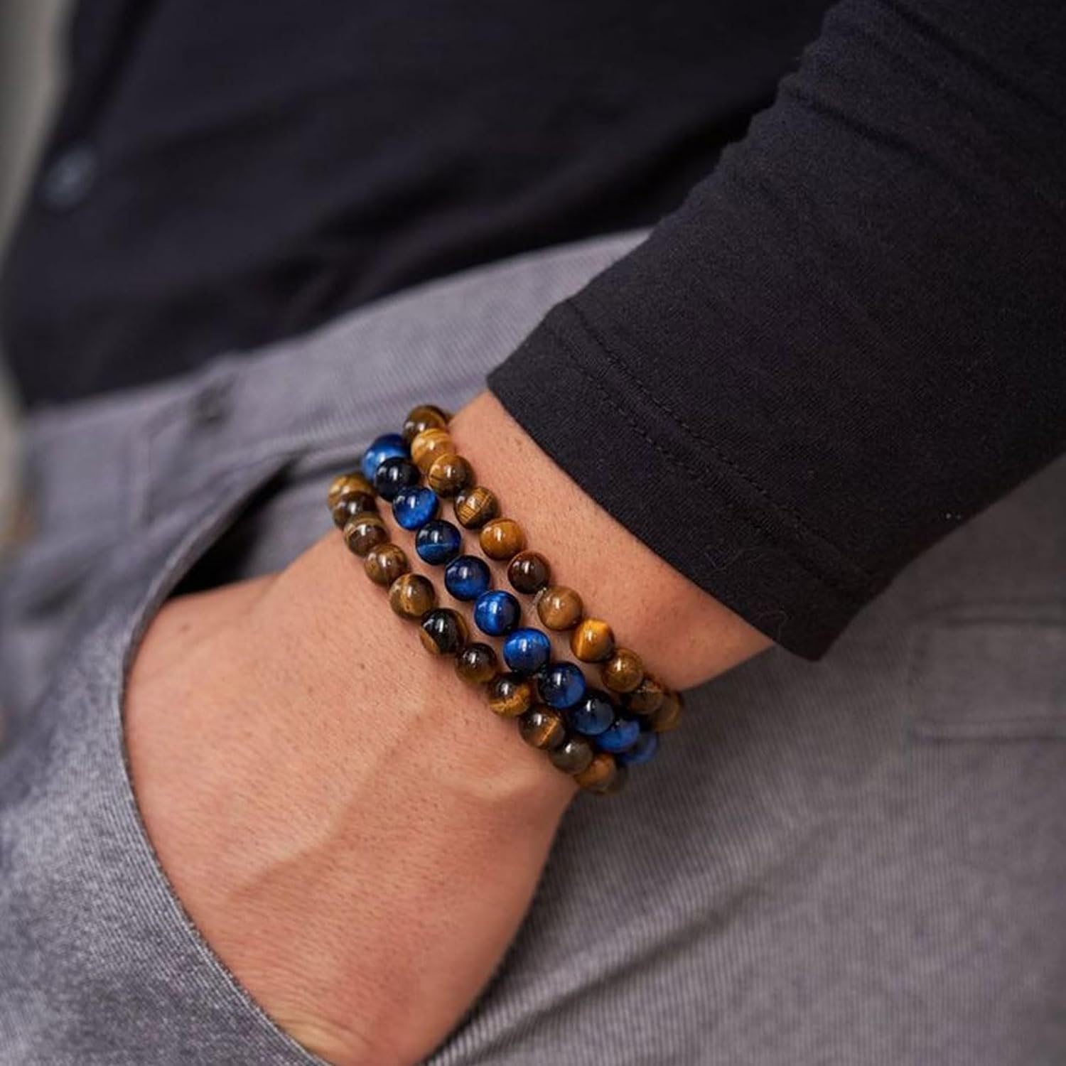 MOROTOLE Mens Beaded Bracelet Tiger Eye 8MM Natural Stone Beads Bracelet Set Adjustable Stretch Lava Rock Bracelets for Men Black Crystal Beaded Bracelets for Men Father Boyfriend Brother Gifts - Image 6