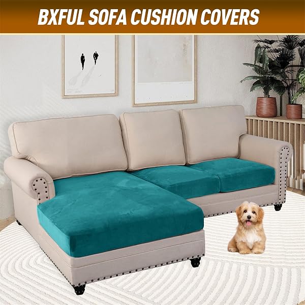 Stretch Velvet Sofa Seat Cover High Elastic Cushion Cover Sofa Cushion Furniture Cover Sofa Seat Cover Cushion Covers (Large 1 Seater, Turquoise Blue) - 3
