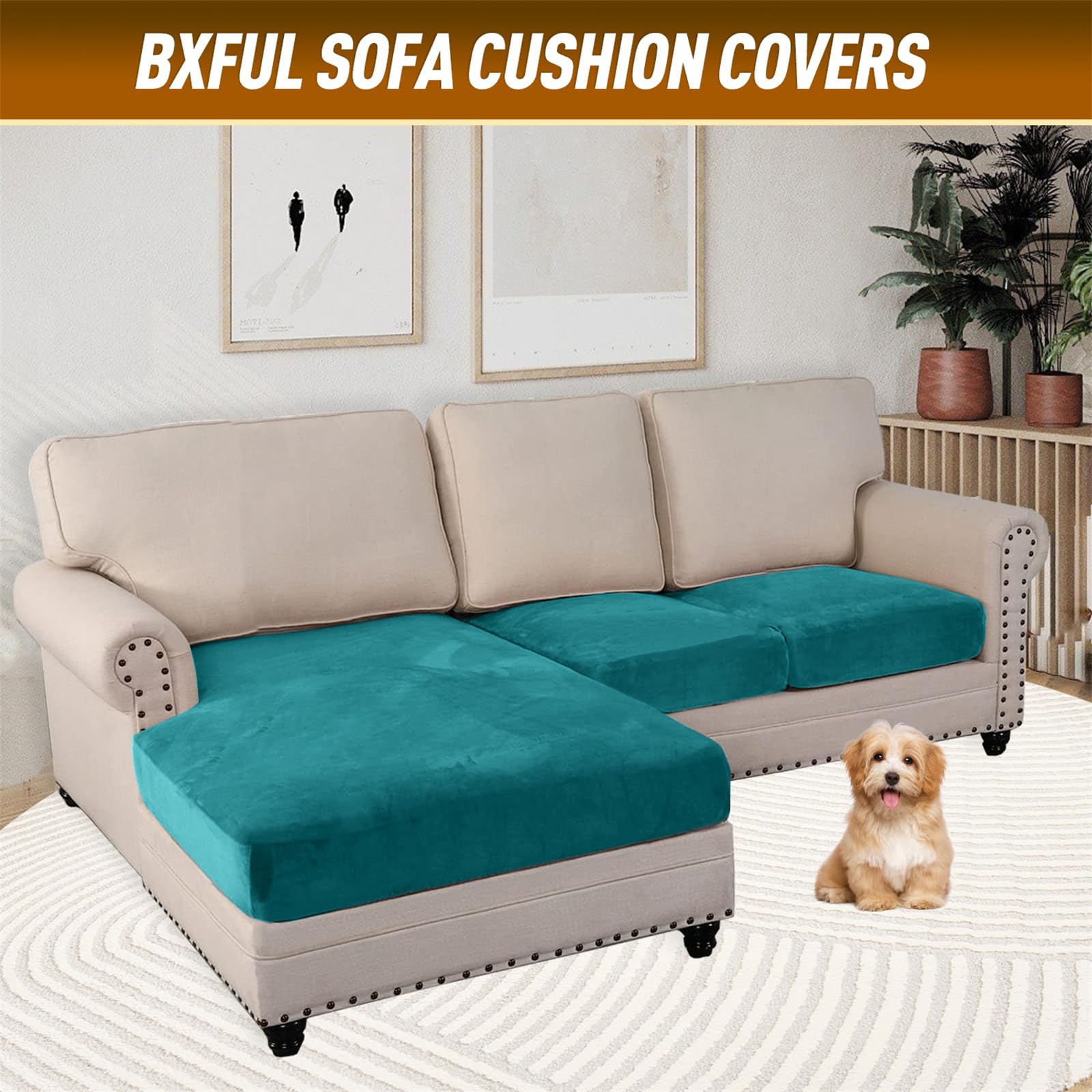 Stretch Velvet Sofa Seat Cover High Elastic Cushion Cover Sofa Cushion Furniture Cover Sofa Seat Cover Cushion Covers (Large 1 Seater, Turquoise Blue) - 3