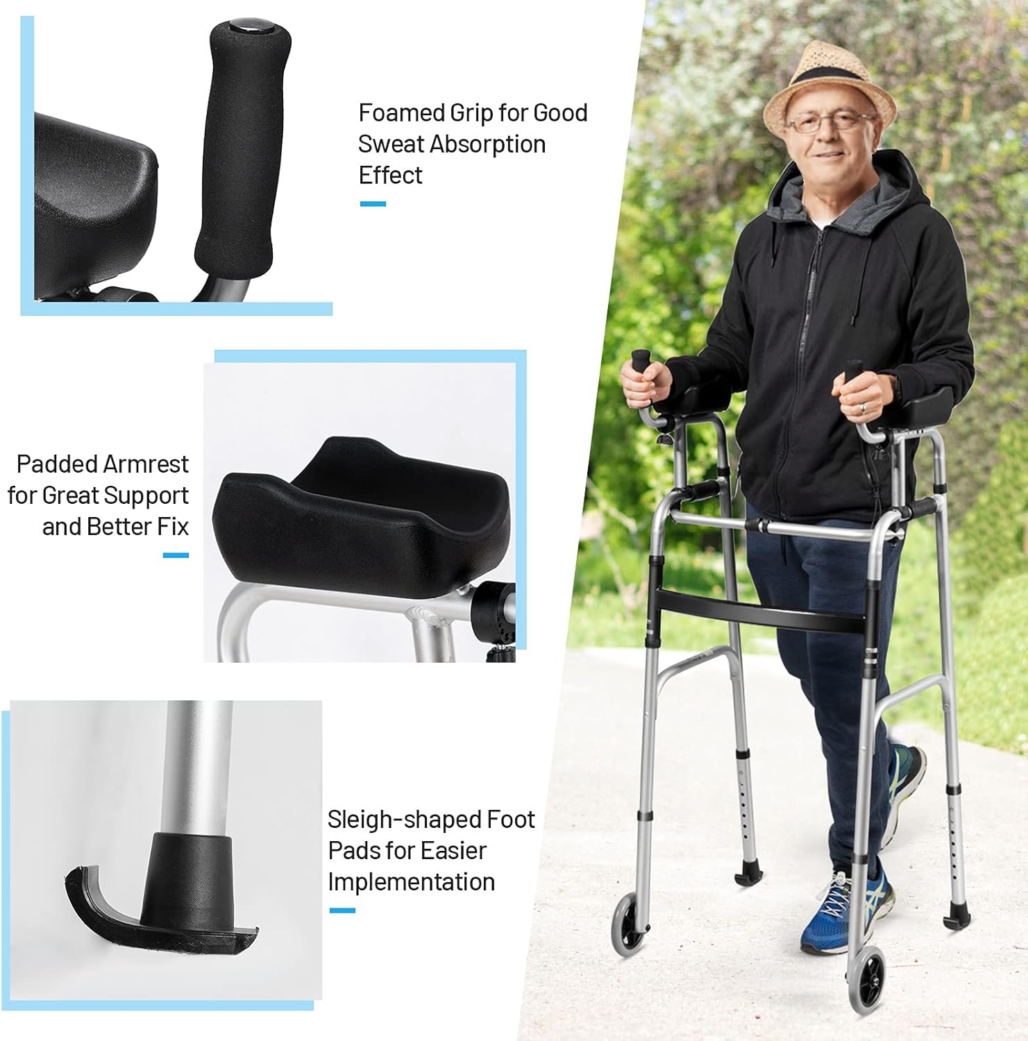 GYMAX Folding Walker, Adjustable Standard Walker with Removable Armrest, Seat, Wheeled Rolling Rehabilitation Auxiliary Walking Aid for Senior, Disabled, Limited Mobility (Silver) : Health & Household