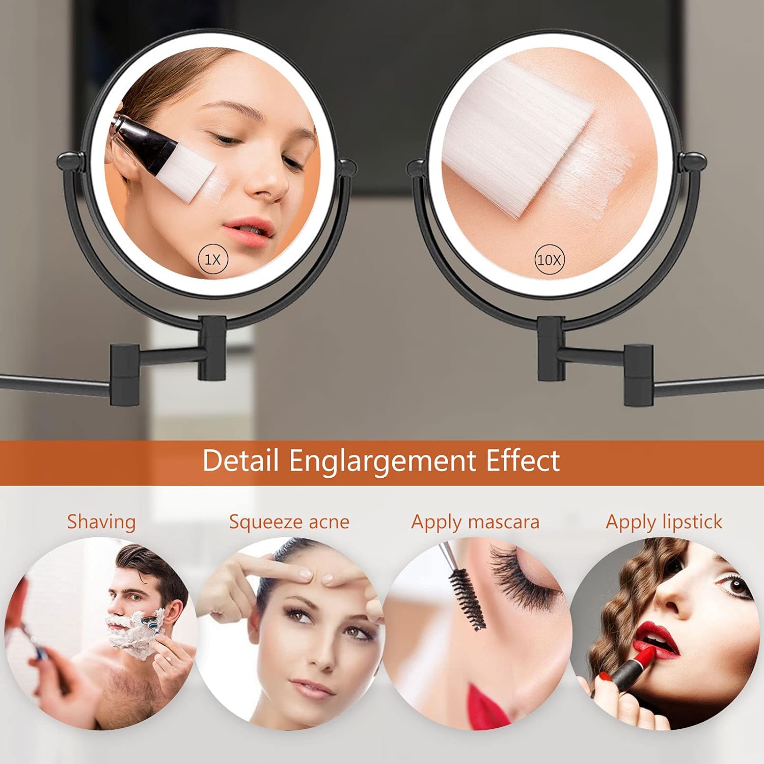 Buу 2 gеt 3 Wall Mount Vanity Mirror , Extendable Bathroom Mirror，LED Lighted Wall Mount Makeup Mirror with 10x Magnification, Bathroom Magnifying Mirror 8 Inch Double-Sided 360° Swivel , USB Rechargeable