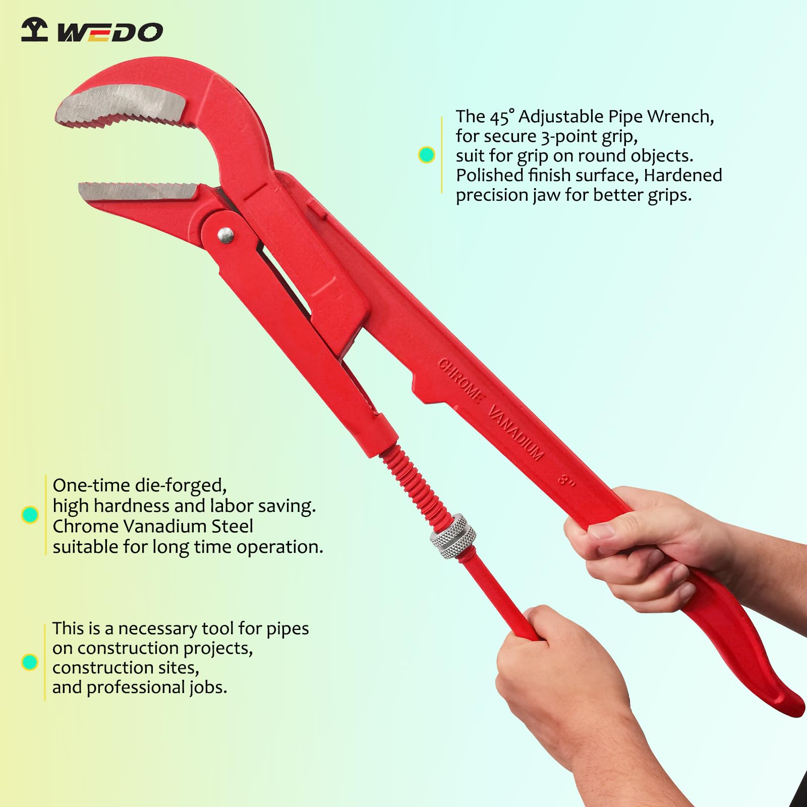 WEDO Llave de tubo sueca en ángulo de 45grados,llave de bomba de agua,diámetro de sujeción de tubería de 4 pulgadas,longitud de 652mm,apertura máxima de mandíbula de 103mm,acero CR-V