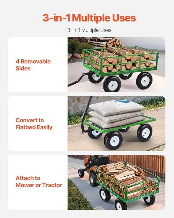 VEVOR 1200 Lbs Steel Garden Cart, Heavy Duty Pullable Garden Wagon Yard Cart, 2 in 1 Outdoor Metal Utility Wagon Yard Trailer with 13 All Terrain Tires, Mesh Removable Sides and 180Rotating Handle