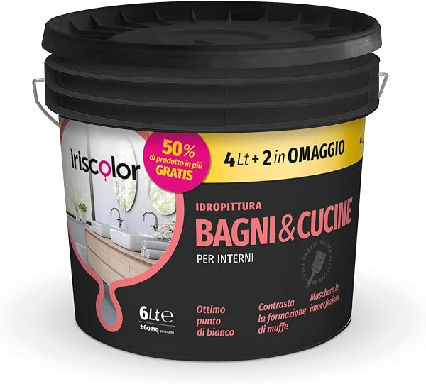 IRISCOLOR Pittura Bianca Per Interni Traspirante 4+2 LT Per Bagni e Cucina Ideale Per Ambienti Umidi Vernice Bianca Muro Interno ad Alta Resa Vernice Muro Acrilica Effetto Opaco - 1