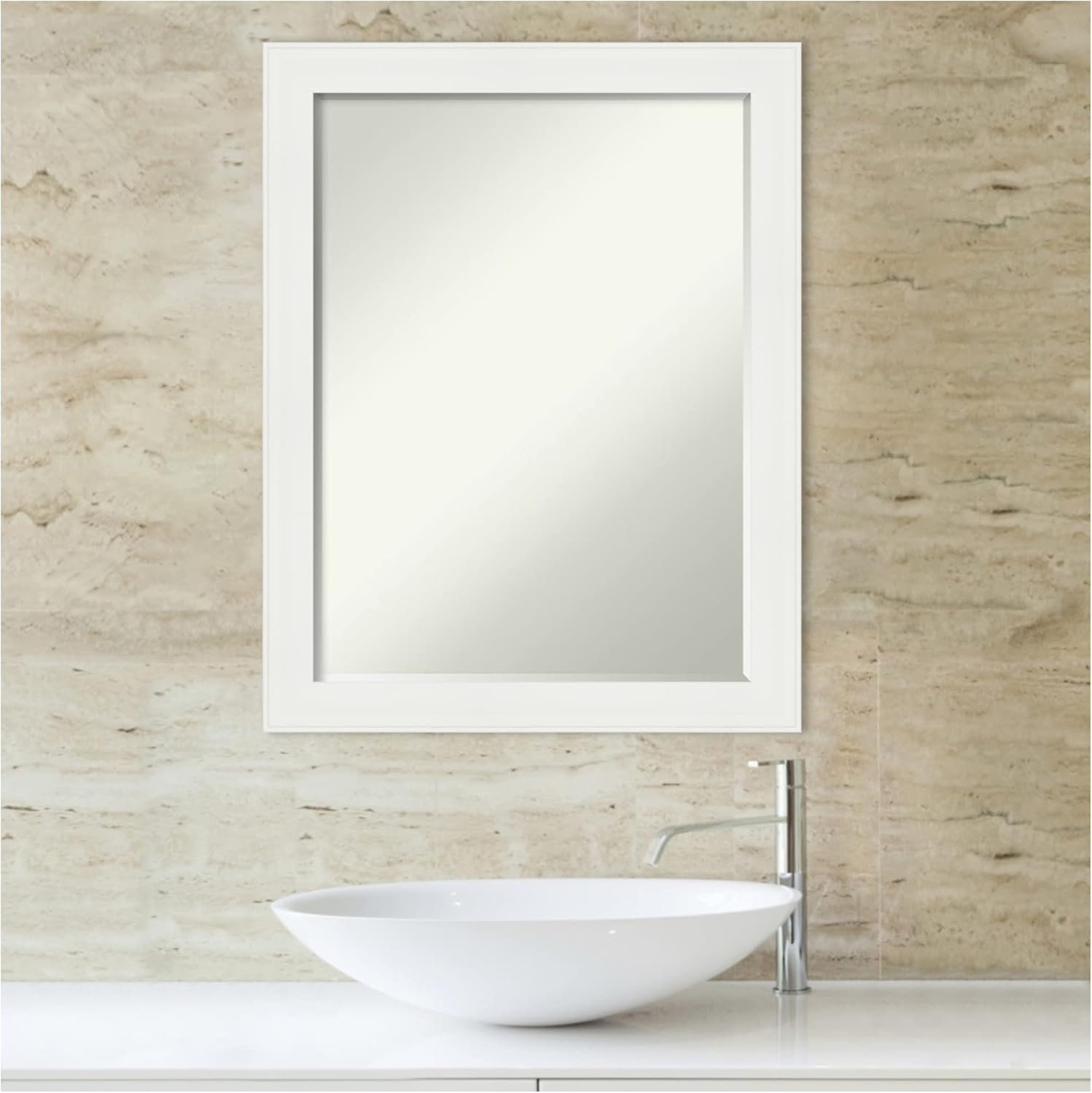 Amanti Art White Bathroom Mirror for Over Sink, 27x21 Vanity White Narrow Rectangle Vanity Mirror, Medium Casual Frame, Hangs Horizonally and Vertically, Bathroom Wall Decor, Petite Bevel Edge