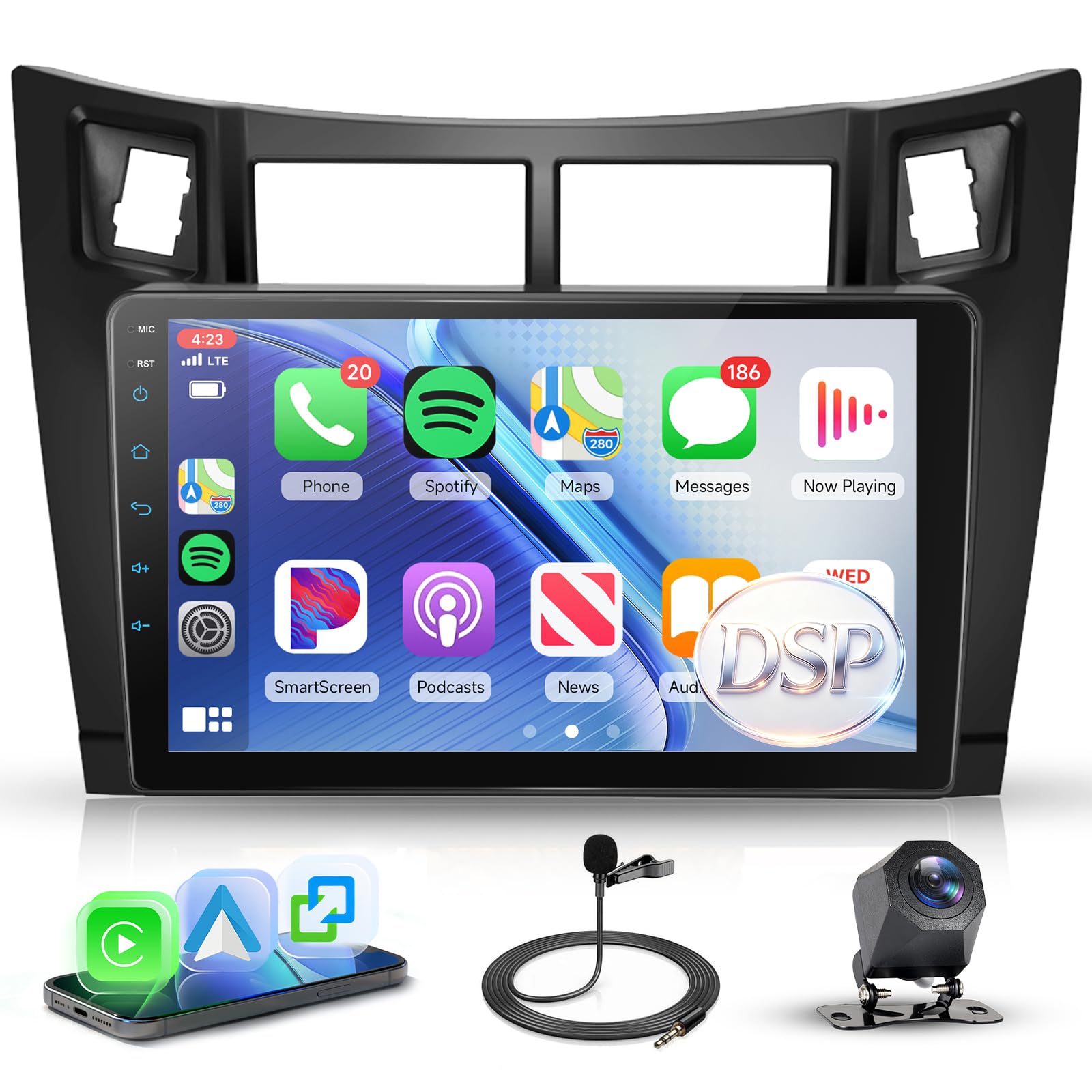 Rimoody Autoradio per Toyota Yaris 2005-2011 Carplay Wireless, 9 Pollici Touchscreen IPS Radio 2 din con Android Auto, Mirror Link, Bluetooth, FM/RDS, DSP, Comandi al Volante Retrocamera