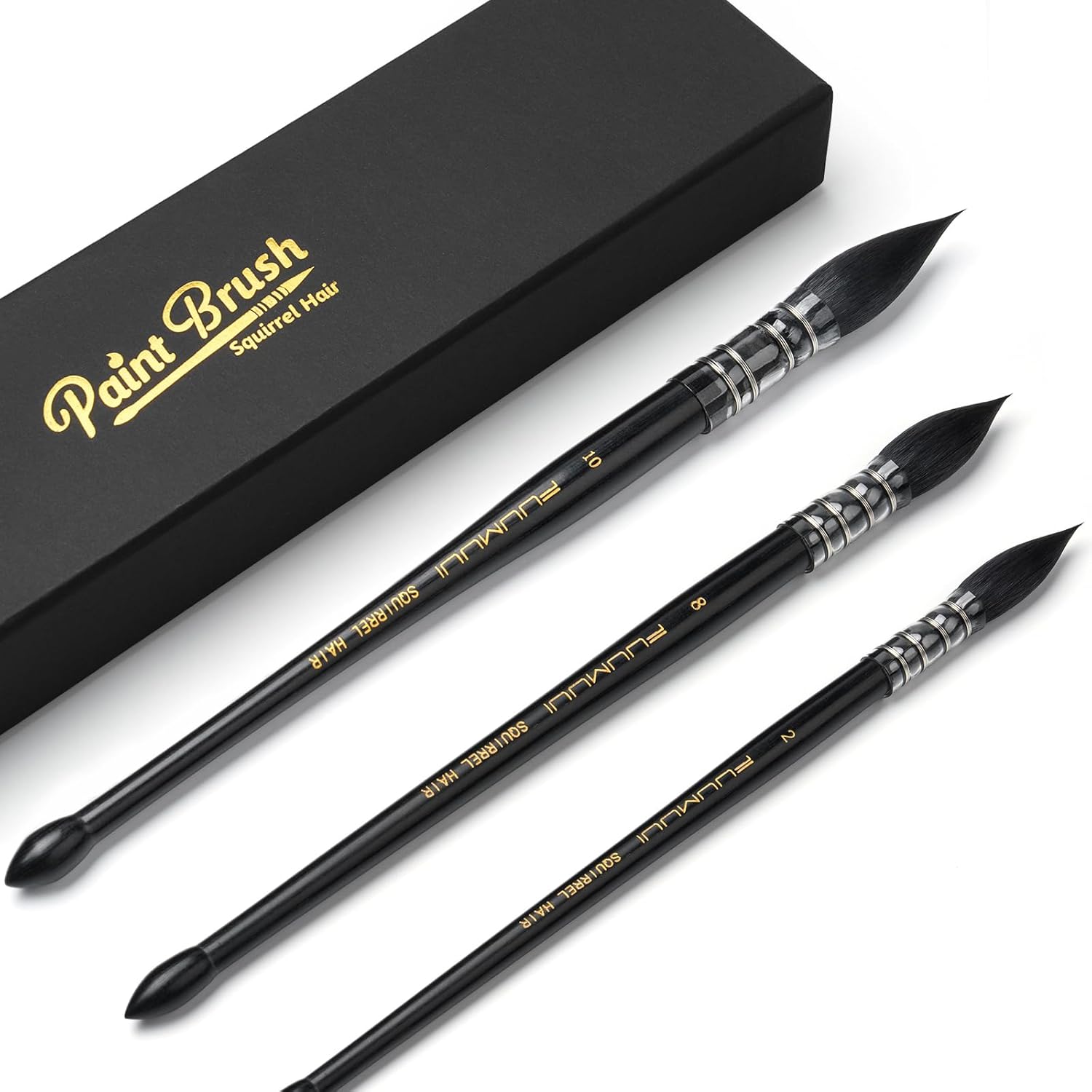 3PCS Squirrel Hair Watercolor Brushes, Fuumuui Professional Mop Round Quill Detail Fine Tip Watercolor Paint Brush Set for Water Color Gouache Ink Painting - Sizes #2, 8, 10