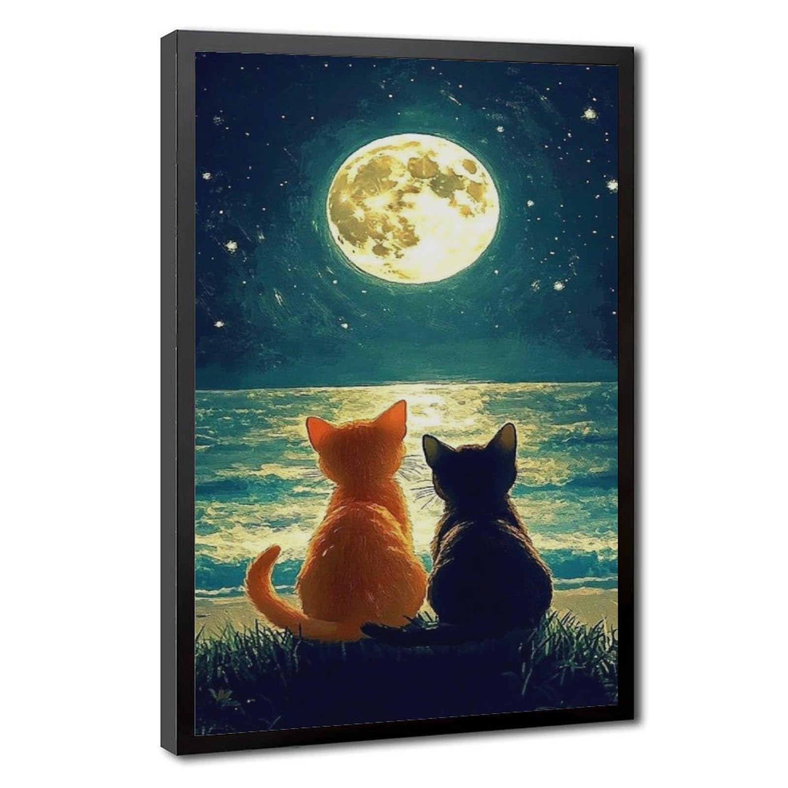 Bareronor Two Cats on The Moon Canvas Poster Bedroom Decor Landscape Office Room Decor Gift 24" L X 36" W