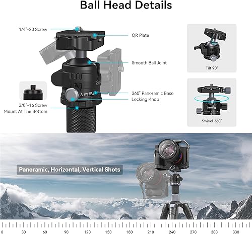 Miniatura 8 de SmallRig AP-20 Trípode de fibra de carbono, monopie de trípode de cámara de 62.2 pulgadas con columna central, trípodes ligeros y compactos con