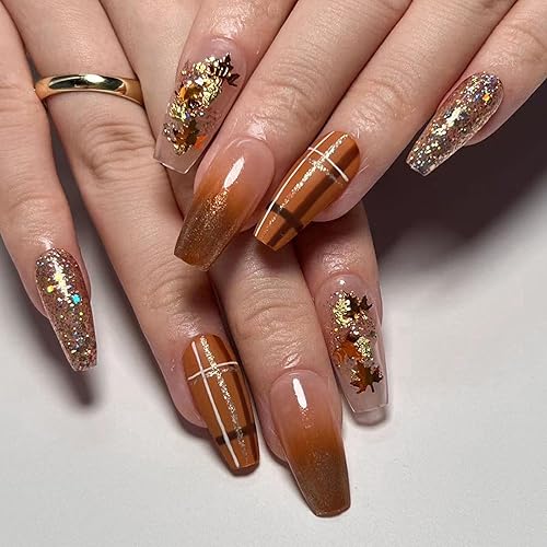Fall Maple Leaf Nails - Brown Gradient, 24pcs Press Ons