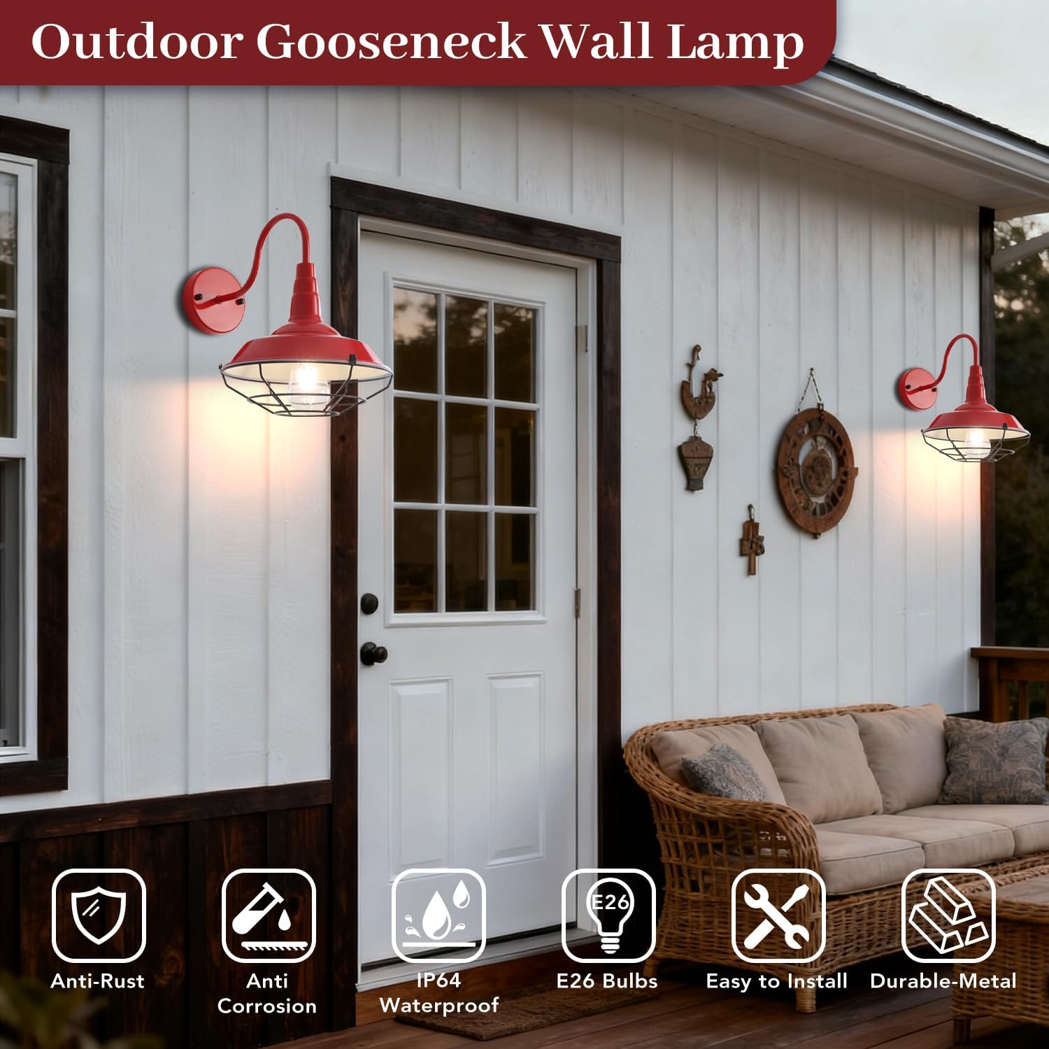 Outdoor Gooseneck Barn Light 2 Pack, Farmhouse Rustic Exterior Wall Sconce, Outside Vintage Metal Cage Light Fixture for Front Door, Industrial Red Wall Mount Lantern Waterproof for Proch Patio Garage