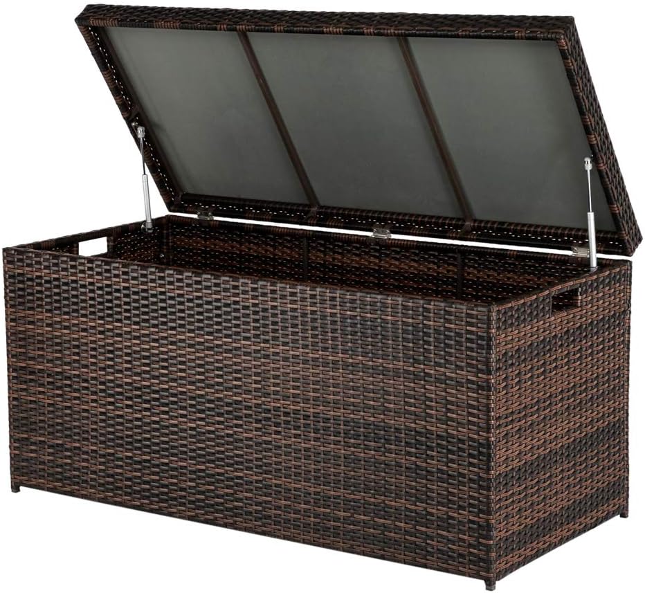 132Gallon Deck Storage Box, Deck Box Outdoor Storage Box Indoor Wicker Storage Bin Patio Storage Box for Patio Furniture Cushions Toys Garden Tools Pool Accessories (Brown)