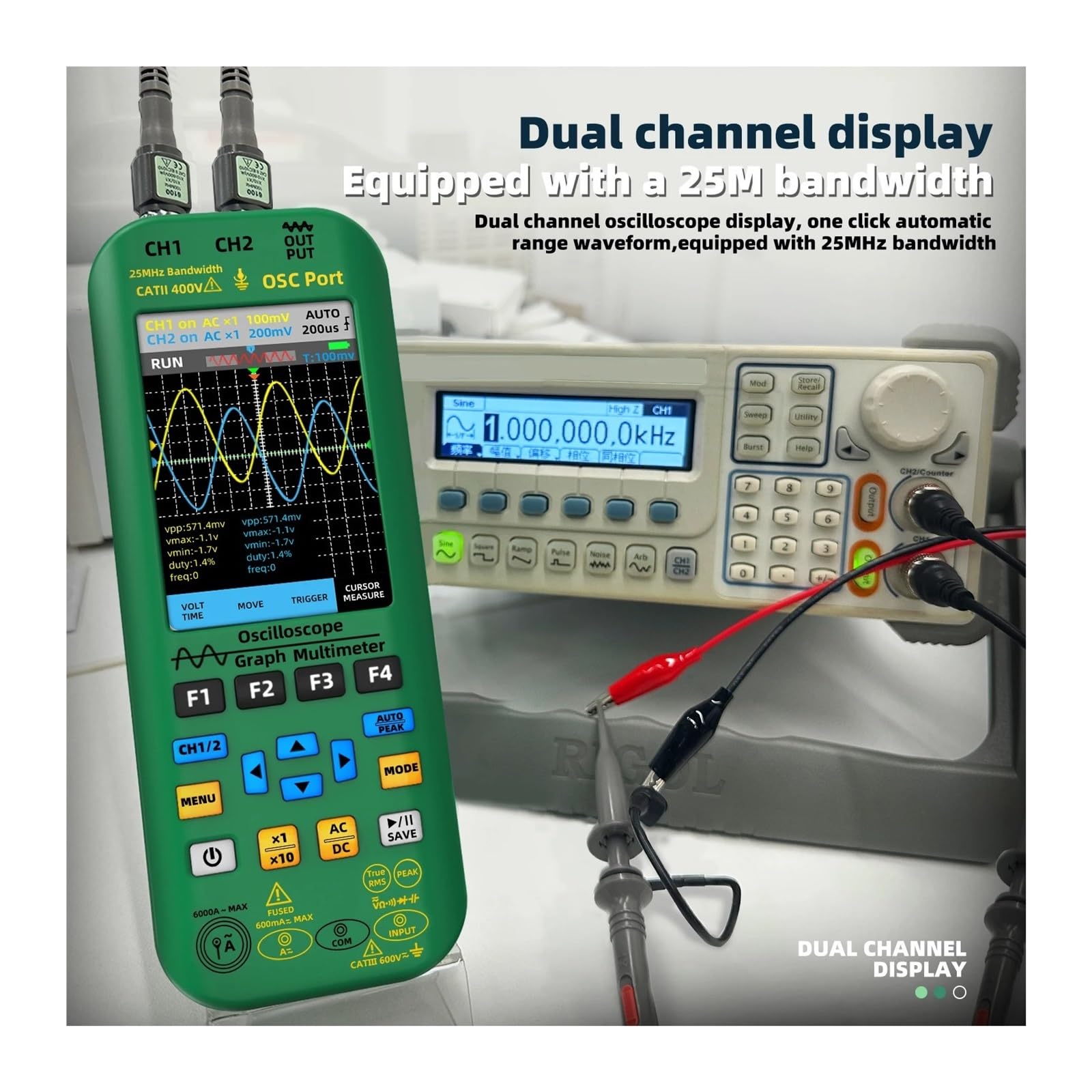 Osciloscopio portátil 4 en 1, multímetro Digital + generador de señales de función, Doble Canal, comprobador de Corriente O7:25MH/z/O9:50MH/z(O7 Kits)