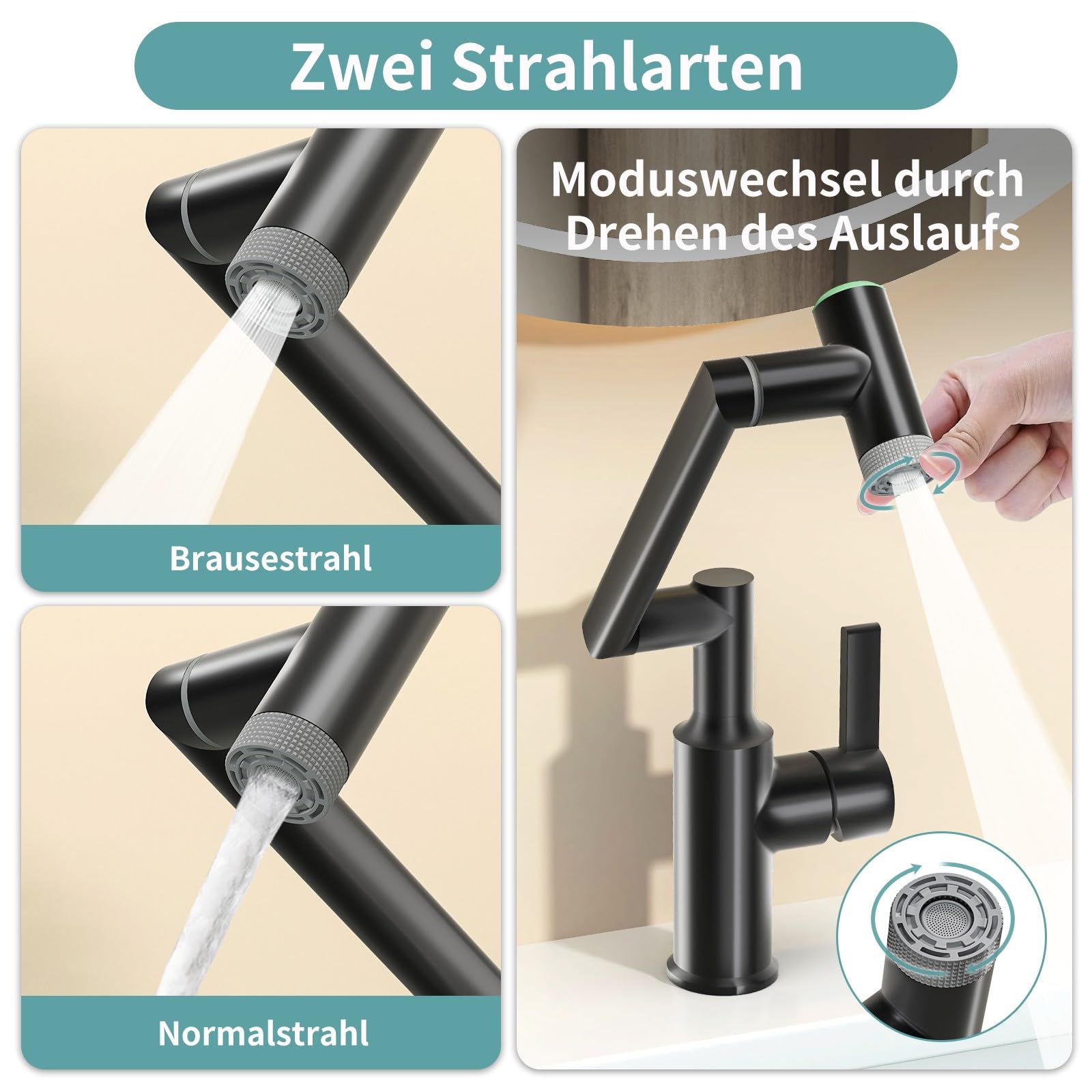 Einloch Waschtischarmatur mit Temperaturanzeige (Schwarz) | Einhand Armatur Badezimmer, 1080° schwenkbare Badarmatur Waschbecken mit 2 Auslaufmodi hochwertige Waschbeckenarmatur
