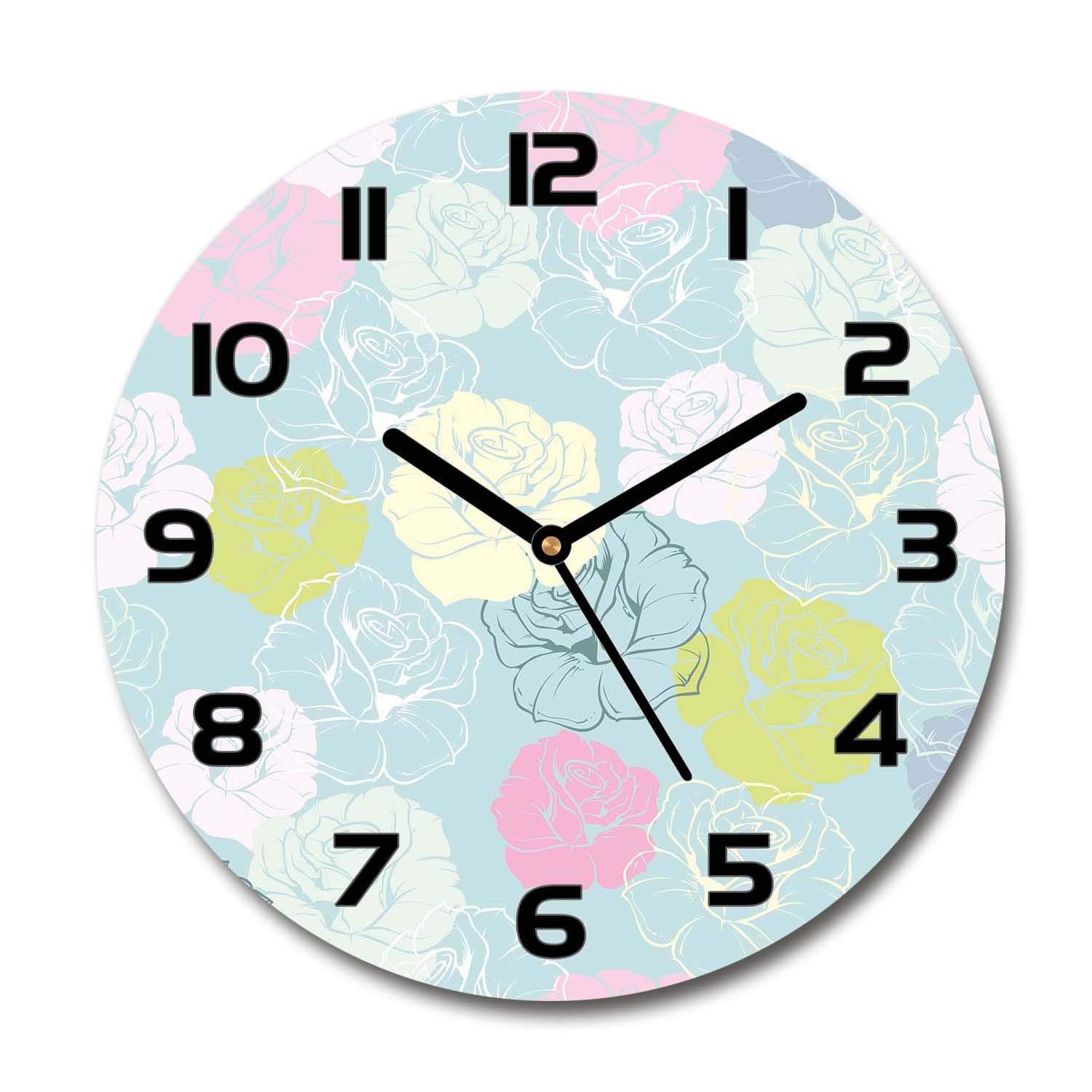 Horloge en verre 60x60cm Tulup silencieuse salon design avec aiguilles noires motif floral