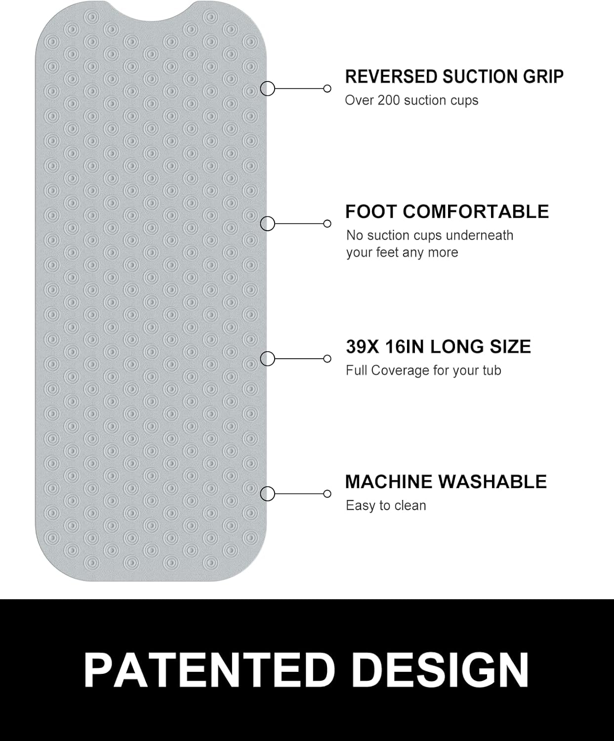 OTHWAY No Suction Cup Bath Mat: 39x16 inch Extra Long Bathmat│Perfect for Ordinary or Refinished Bath Tubs │Made of Nature Rubber│Protect Your Bathtub (Grey)