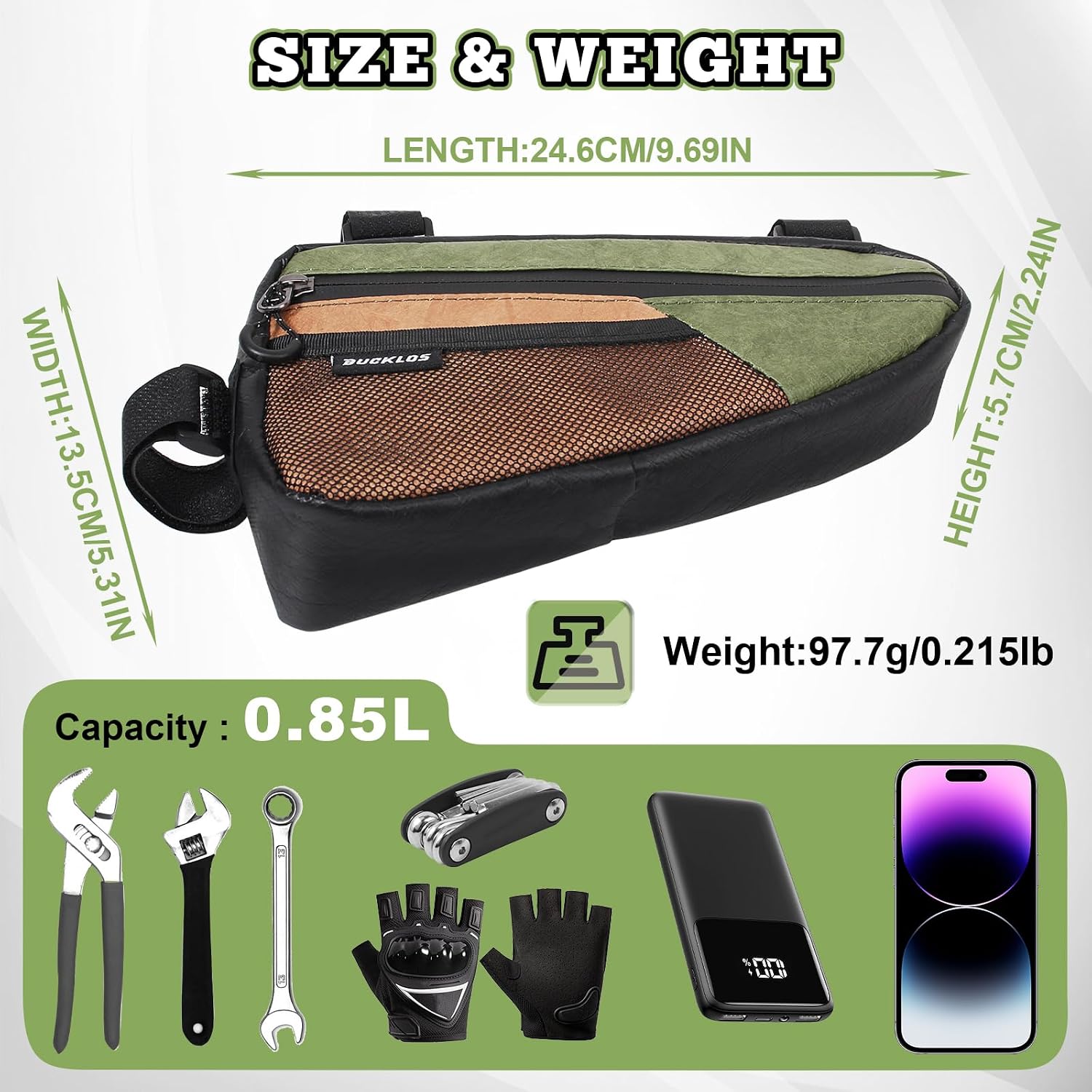 BUCKLOS Bike Frame Triangle Bag, 0.85L TPU Polyester Waterproof Bicycle Top Tube Bag, Strap-On Under Seat Storage Pouch with Sealed Zipper for Mountain Road Bike Cycling Accessories