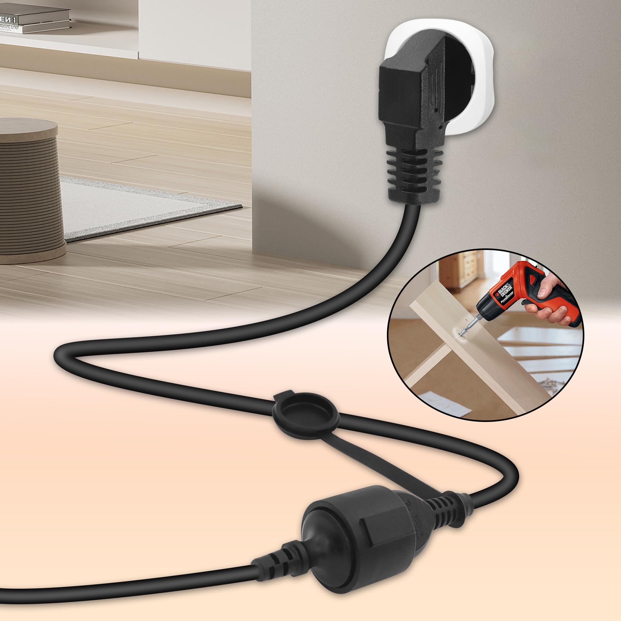 Rallonge Électrique Schuko 0.3m - 16A 250V - Câble Courte Noir - Intérieur/Extérieur