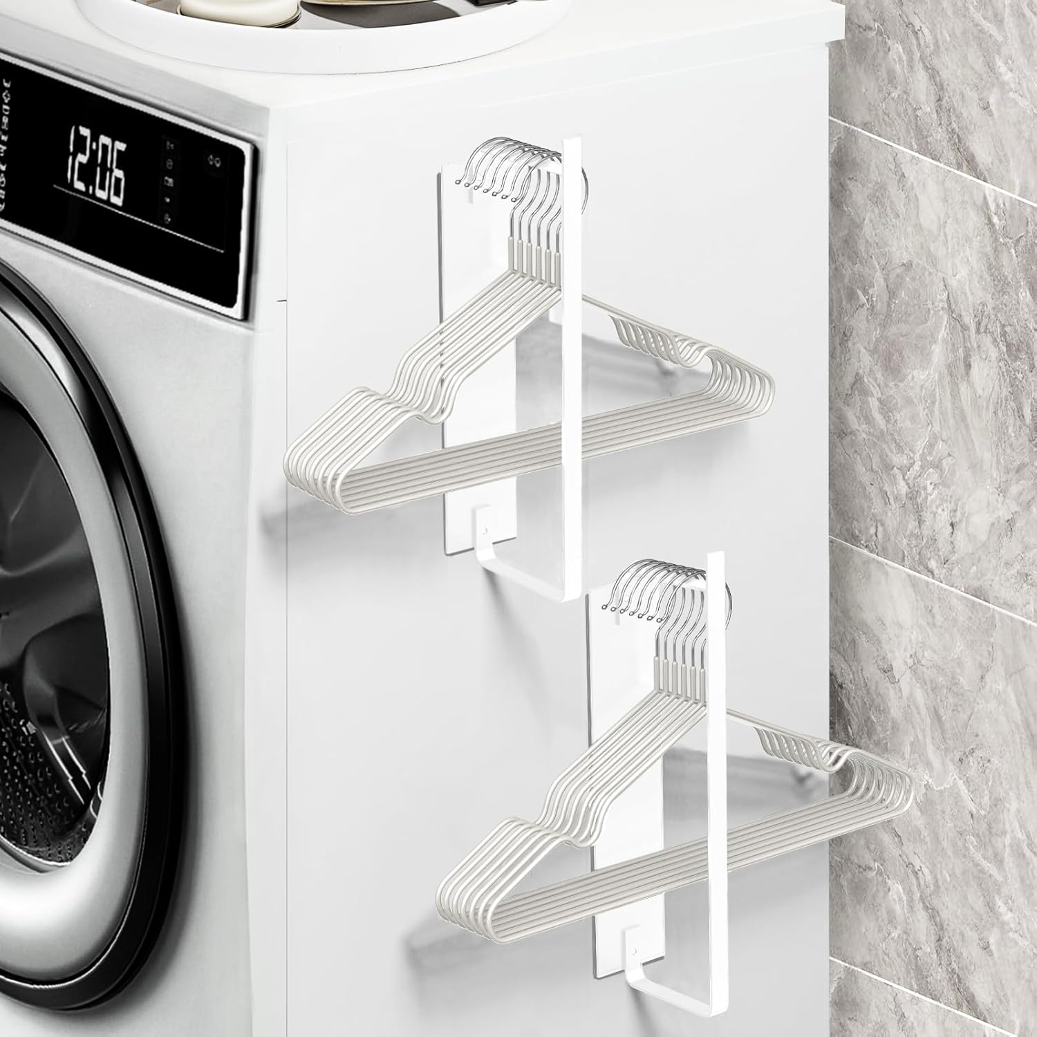 2 Pack Magnetic Hanger Holder for Laundry Room, Space-Saving Hanger Organizer for Washing Machine Dryer, Holding up to 40 Velvet Wire Plastic Hangers (2, White)