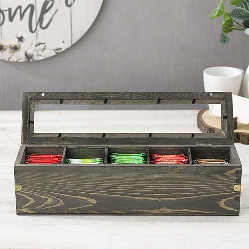 Miniatura 4 de MyGift Organizador de té de madera gris vintage con 5 compartimentos para té, paquetes de azúcar y condimentos, caja de almacenamiento de bolsa de