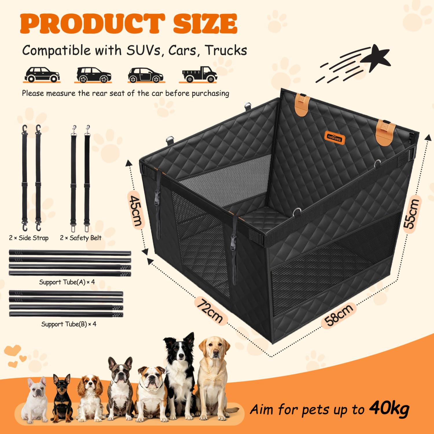 Nobleza Asiento de Coche para Perro L72xW58xH55cm Negro - Extensor de Asiento Trasero Extra Estable con Estructura de Tubos de Hierro y Base Rígida Desmontable Que Amplía un 40% el Espacio |