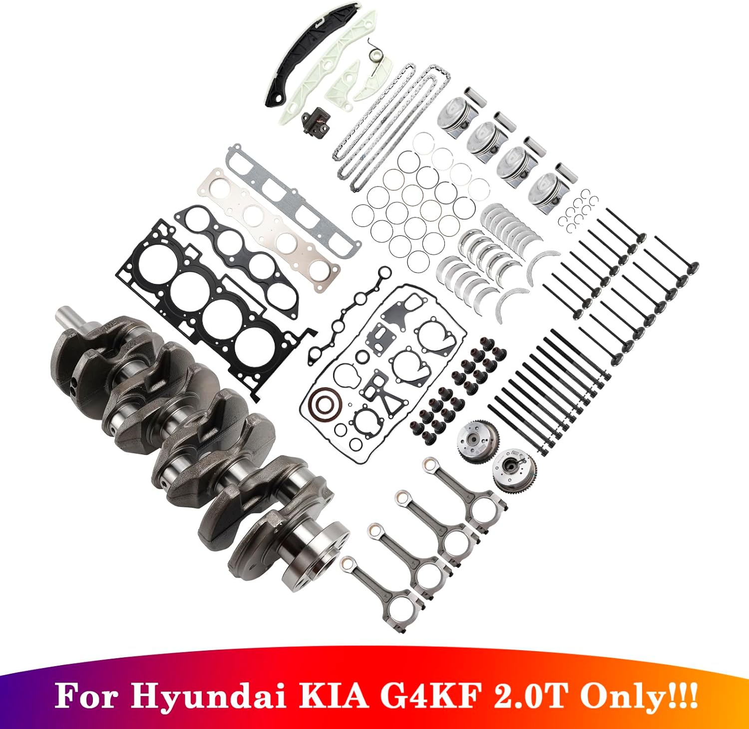 Bruce & Shark G4KF 2.0T Engine Rebuild Kit for Hyundai Sonata 2011-2016, Santa Fe Sport 2013-2016, Genesis Coupe 2011-2014, Complete Set with Crankshaft, Timing Chain, Pistons & Valves