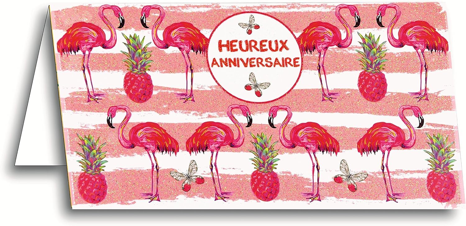 Afie 69-4204 Card Happy Birthday Glitter Pink Flamingo Animal Flying Butterfly Fashion Pineapple Vitamins Energy Burst Design Stripes Stripes Paint Graphic Style