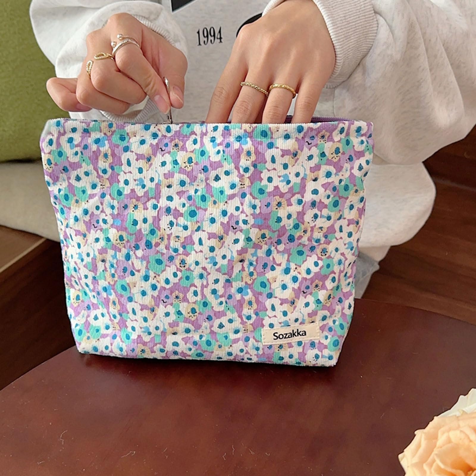Fycyko Travel Toiletry Bag Makeup Bag Corduroy Flower Cosmetic Bags for Women Portable Skin Care Bag Wash Bag Organizer Storage Bag Birthday Gifts Bride Bridesmaid Gift - Light Purple — view 3