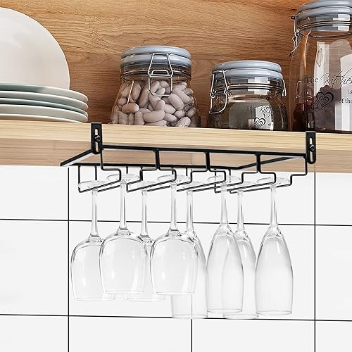 Miniatura 6 de AUHOKY 2 soportes ajustables para copas de vino debajo del gabinete, soporte de metal para copas de vino de 4 filas, sin perforaciones, organizador