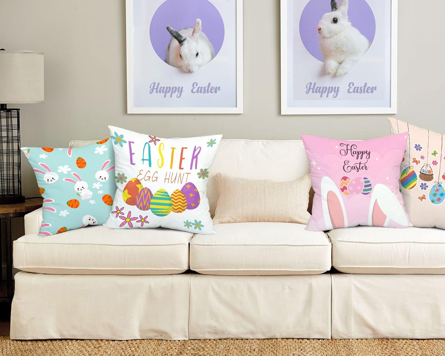 Jbralid Easter Throw Pillow Covers Cartoon Easter Bunny Eggs Decorative Pillowcase Cotton Pillow Cushion Case for Living Room Sofa Couch 26x26 Inch Set of 4, White Blue Pink