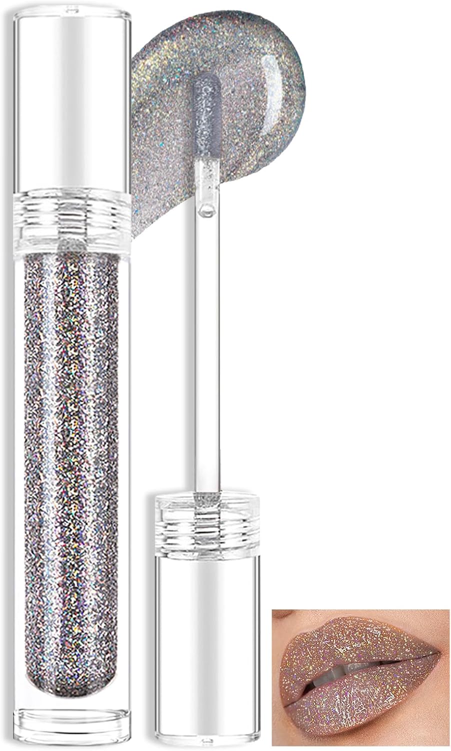 Prreal Glitter Lip Gloss, Shimmer Lip Plumper Gloss, Holographic Glitter Liquid Lipstick, Diamond Pearl Shine Lip Glaze, Non-stick Long Lasting Chameleon Laser Lip Eyeshadow Makeup (01 Silver)