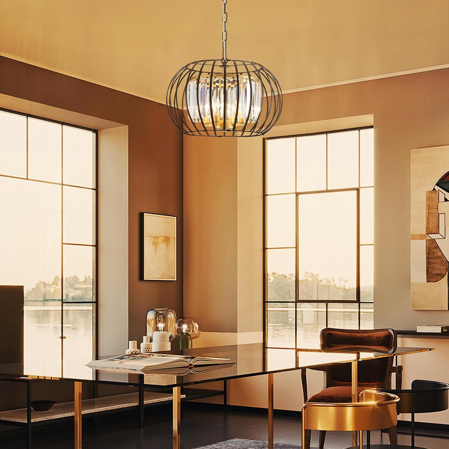 17.7" Modern Crystal Chandelier Black and Gold Drum Pendant Lighting Fixture Round Rustic Metal Shade 4-Light for Dining Room Living Room Bedroom Hallway