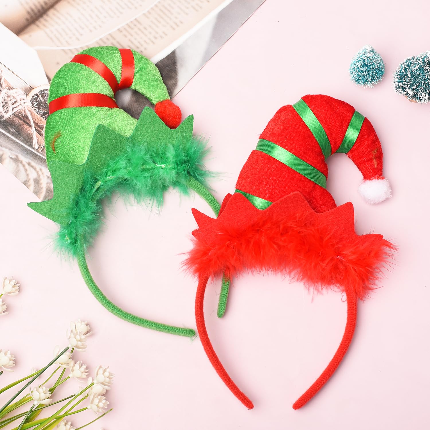 MFUOE 2 Pieces Christmas Elf Headband Mini Hats Headband Novelty Plush Headdress for Christmas Party Holiday Hair Accessories Xmas Favrors Gifts - Image 3
