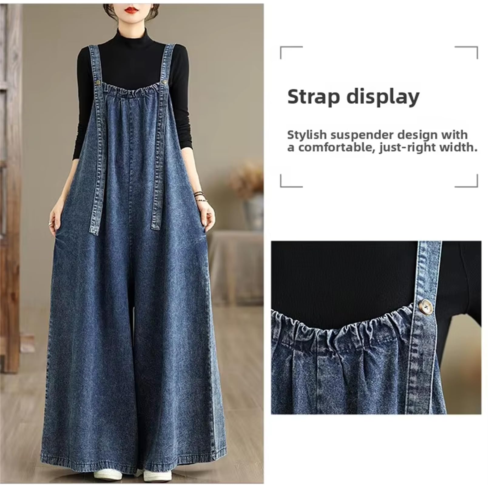 Damen Retro Locker sitzende Denim-Latzhosen Damen Hohe Taille Baumwollhosen Vintage-Stil Einteiler Freizeit-Hosen