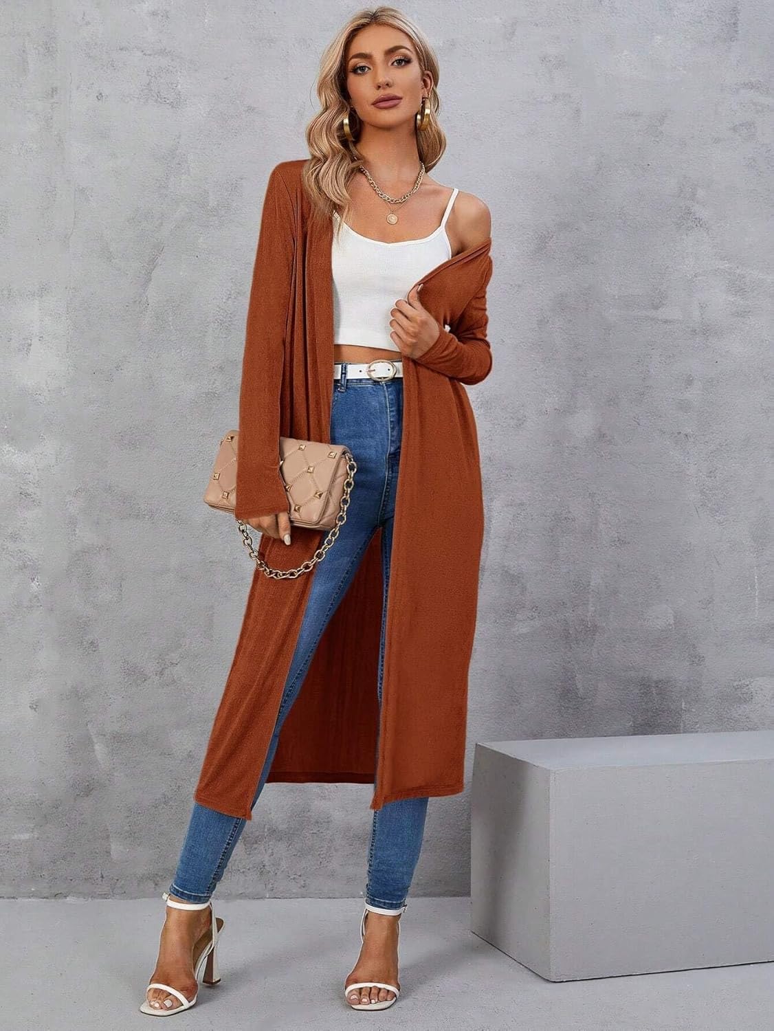 Women's Trench Coat Long Sleeve Rib-Knit Open Front Casual Coat Classic Overcoat