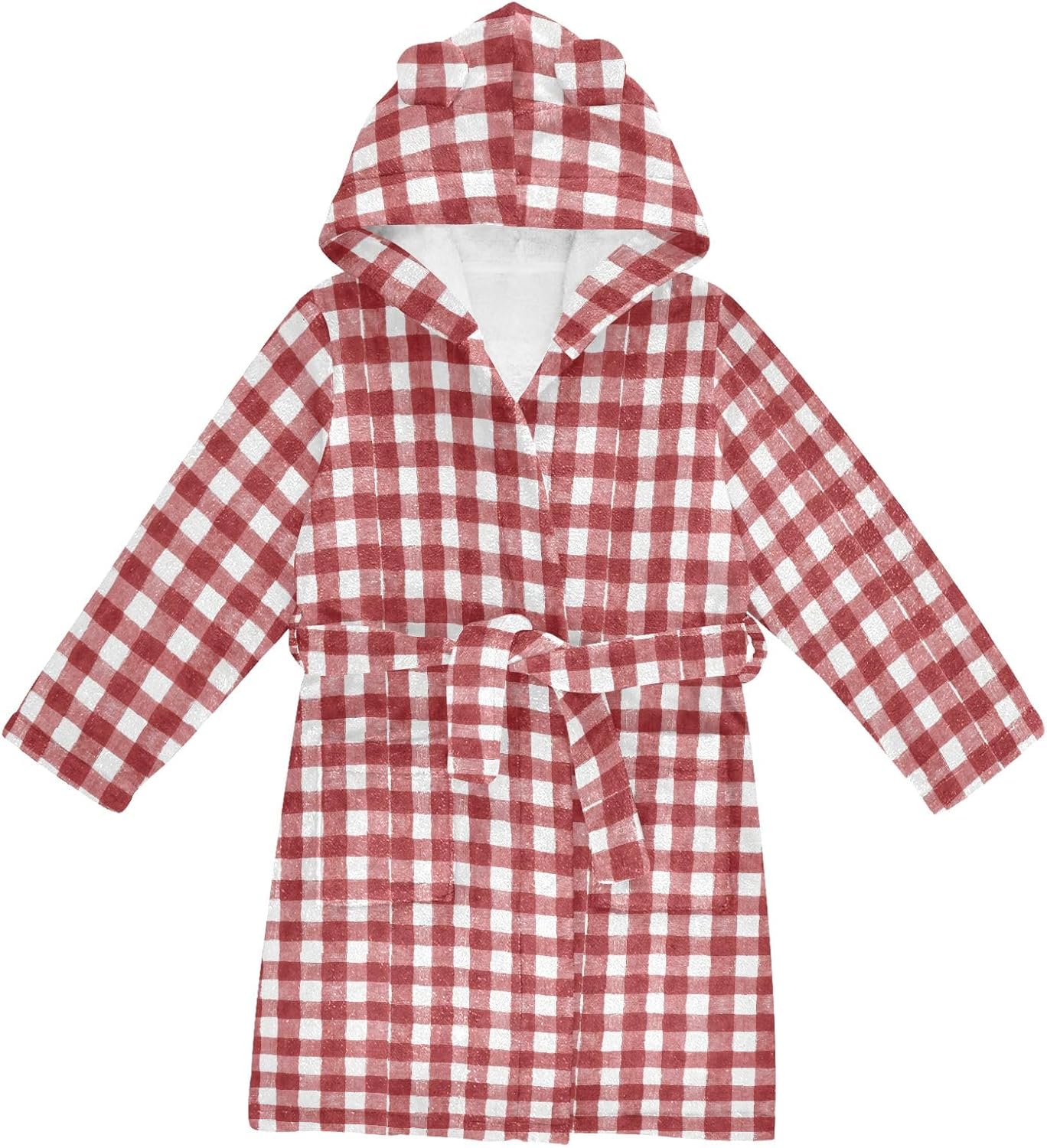 Red and White Classic Prints Toddler Hooded Bathrobe for Boys Girls Soft Plush Bath Towel Robe 2-12 Years